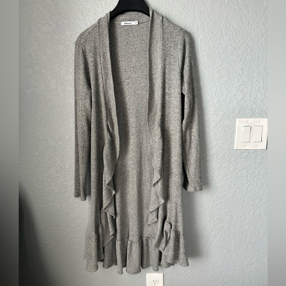 Red Haute Long Open Cardigan Grey with Ruffle edges Size M